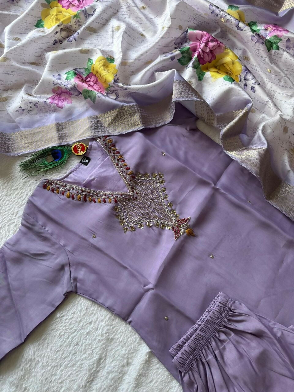 Teeya Creation Womens New Fancy Premium Mul Chanderi Kurta Set - Lavender | Grocsy