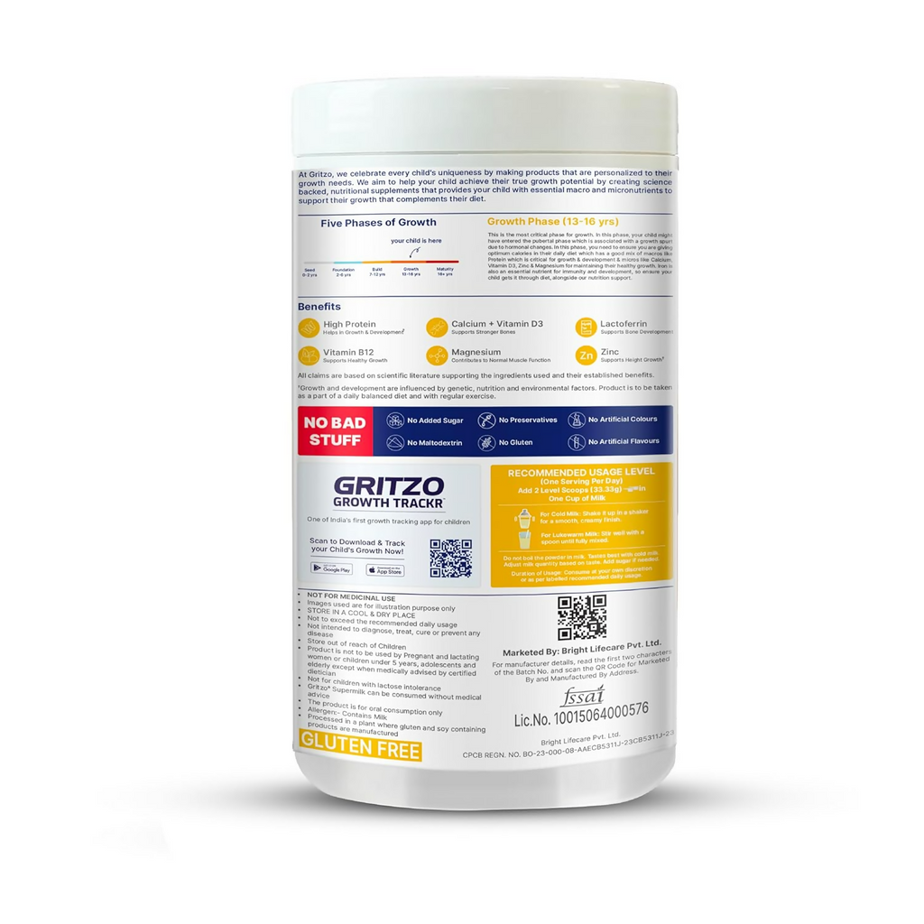 Gritzo SuperMilk Growth+ (Formerly Height+) Unsweetened Drink Mix (13+y Boys), 13g Protein Powder (Creamy Vanilla) | Grocsy