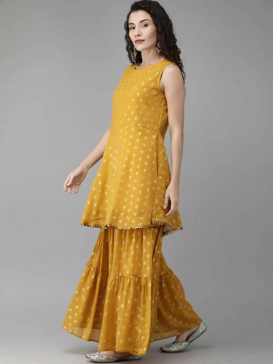Ahalyaa Mustard Georgette Gold Foil Print Peplum Kurta Sharara Set With Dupatta | Grocsy
