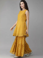 Ahalyaa Mustard Georgette Gold Foil Print Peplum Kurta Sharara Set With Dupatta | Grocsy