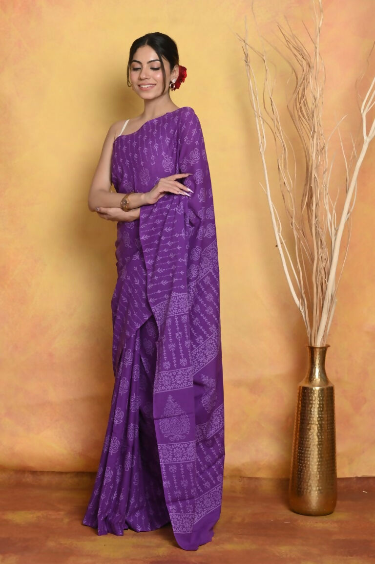 Very Much Indian Handblock Printed Cotton Saree With Natural Dyes - Purple | Grocsy
