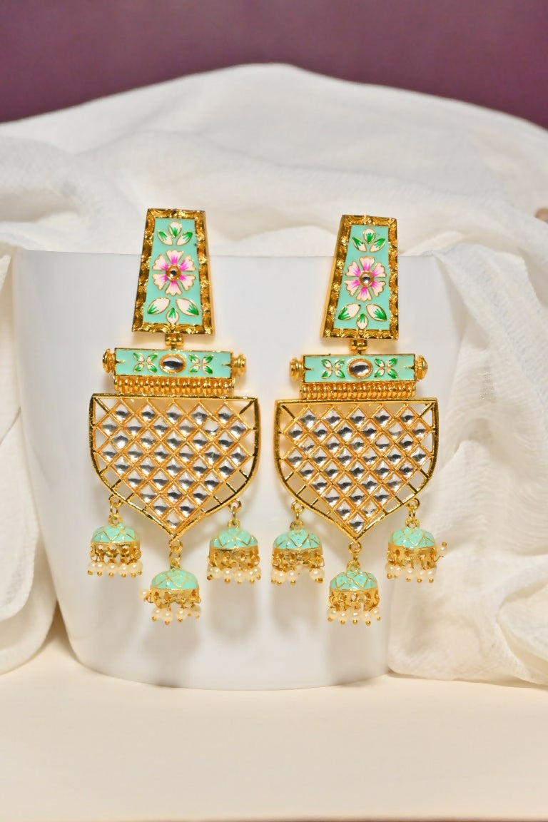 Green Traditional Gold-Polished Meenakari Jhumka Jhumki Earrings Indian Jewellery For Women Girls By House of Ree - Swadesiicart