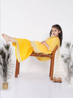 Little Bansi Girls Cotton Gotta Patti Kurta frock with Sharara & Dupatta - Yellow | Grocsy