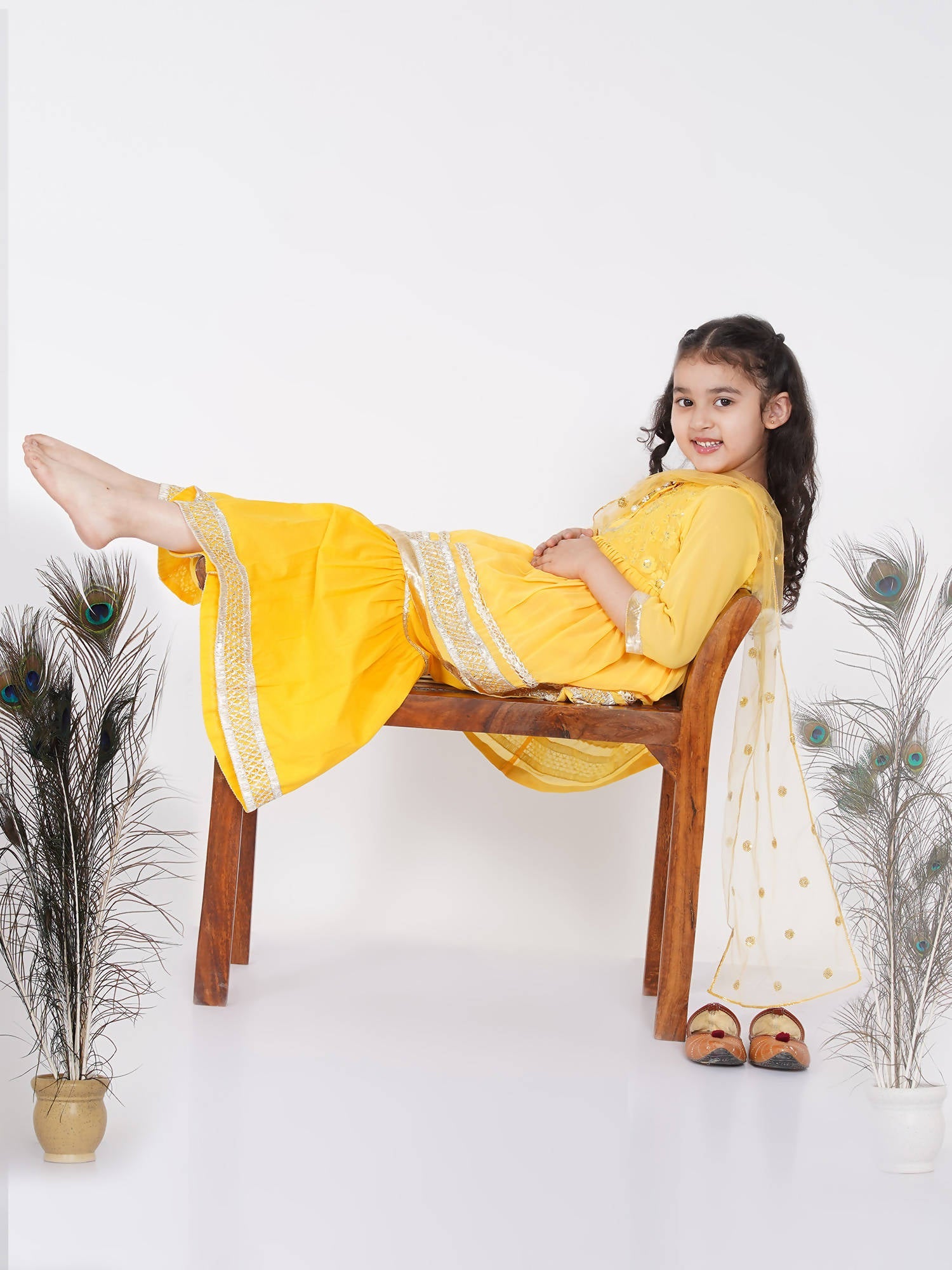 Little Bansi Girls Cotton Gotta Patti Kurta frock with Sharara & Dupatta - Yellow | Grocsy