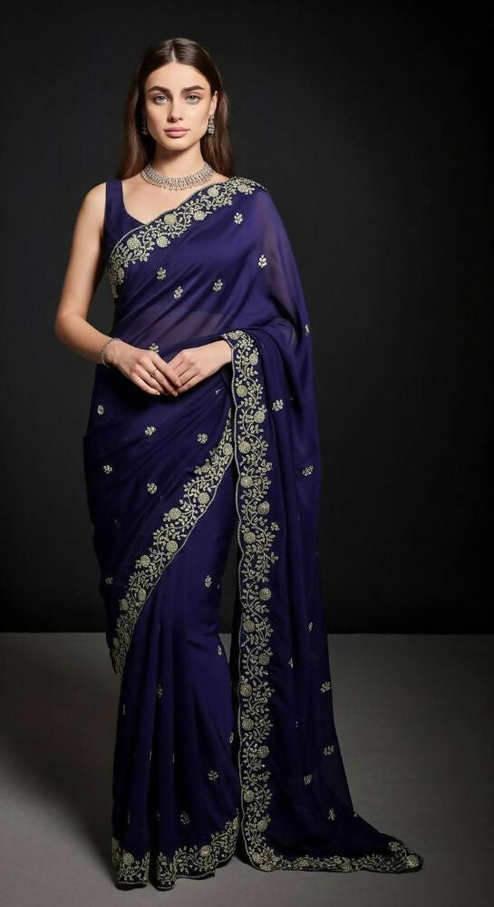 Joban Fashion Blue Fandy Satin Silk Party Wear Sarees | Grocsy