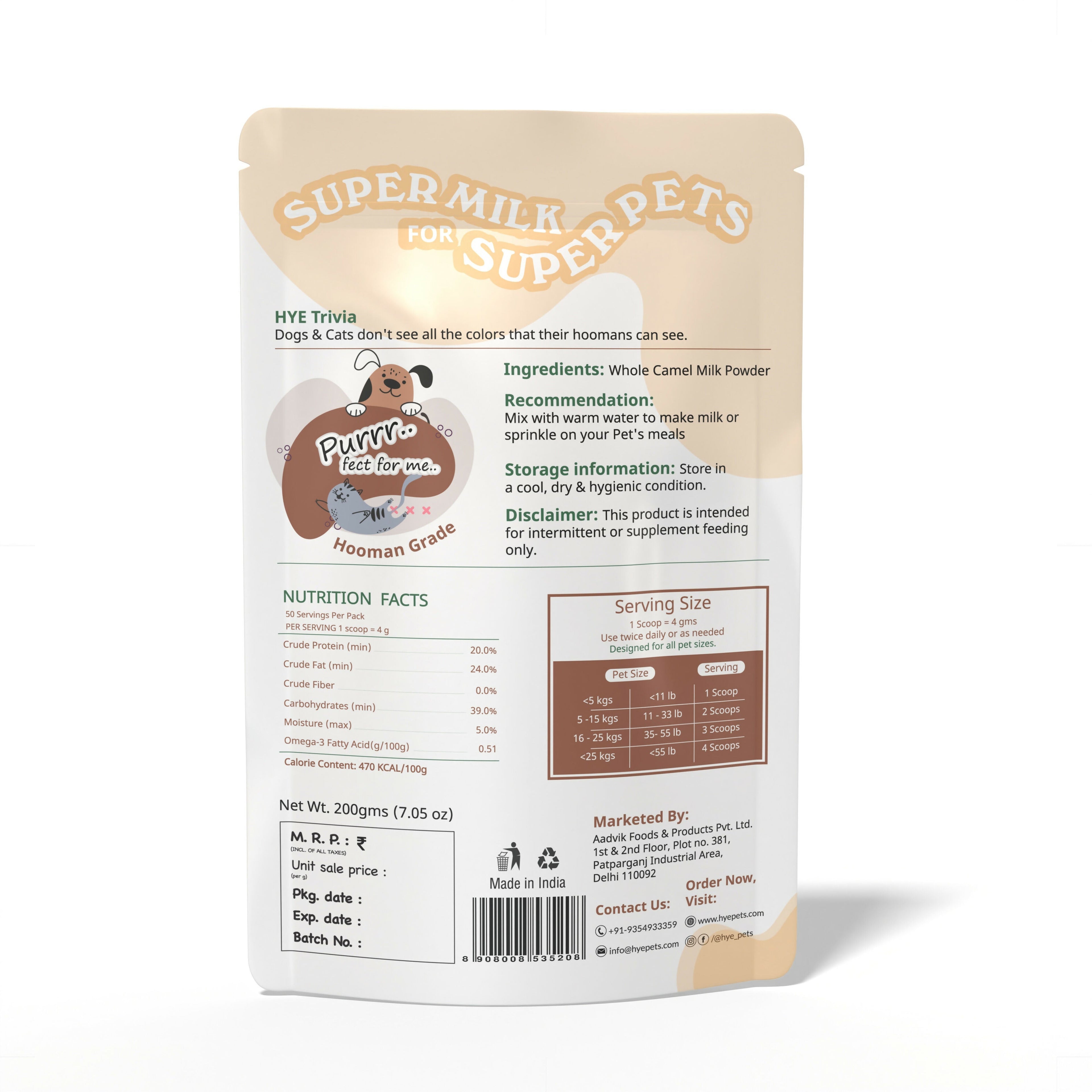 Hye Pets Full Fat Camel Milk Powder For Dogs And Cats | Grocsy