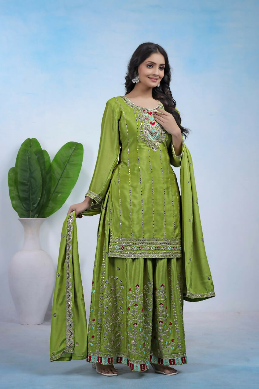 Teeya Creation Parrot Green Color Chinon Silk Wedding Wear Trending Palazzo Set | Grocsy
