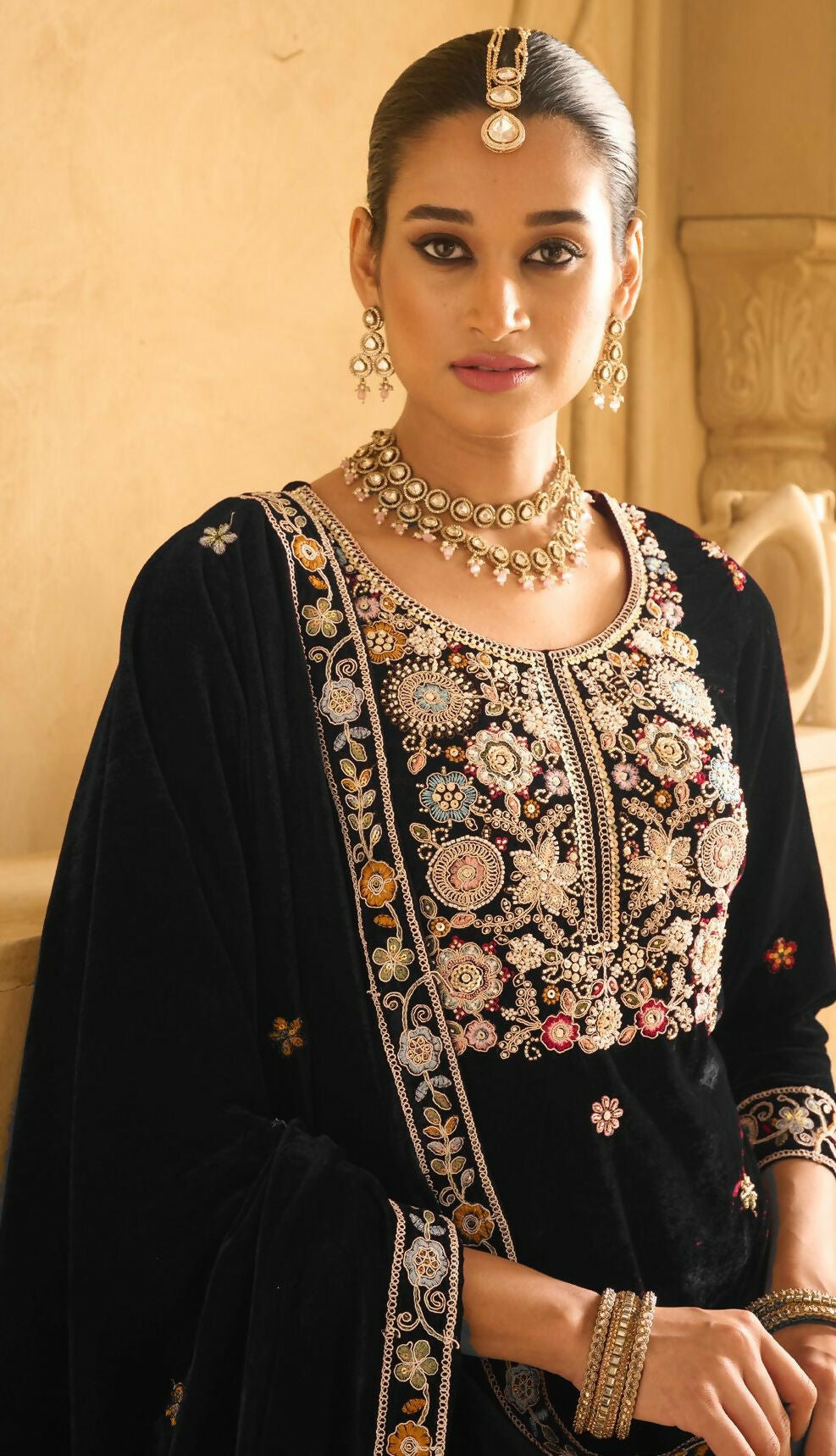 Anaita Black Embroidered Work Velvet Stitched Plazo Suit | Grocsy