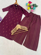 Teeya Creation Sophisticated Wine Colored Straight Kurta With Printed Palazzo Set | Grocsy