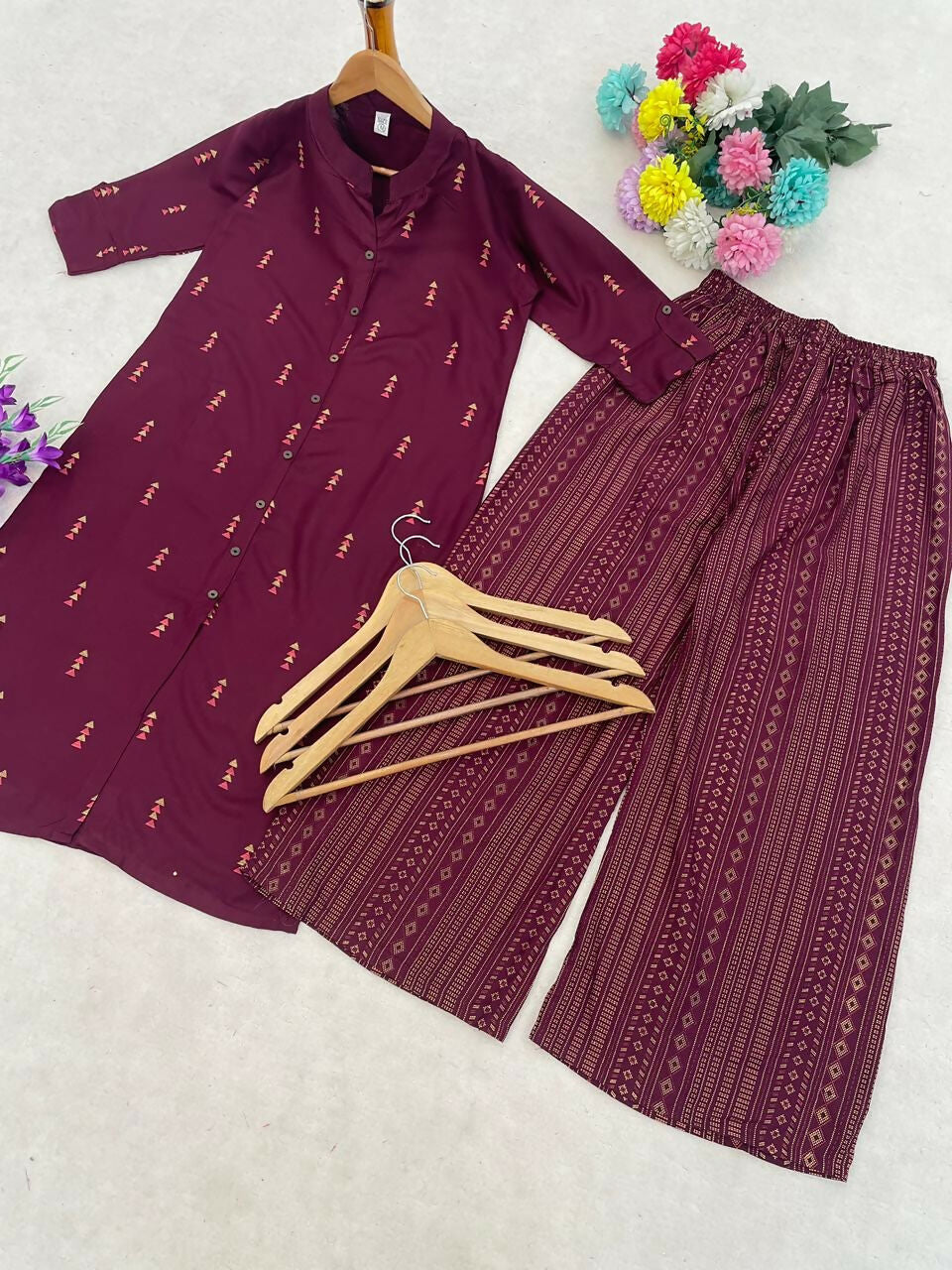 Teeya Creation Sophisticated Wine Colored Straight Kurta With Printed Palazzo Set | Grocsy