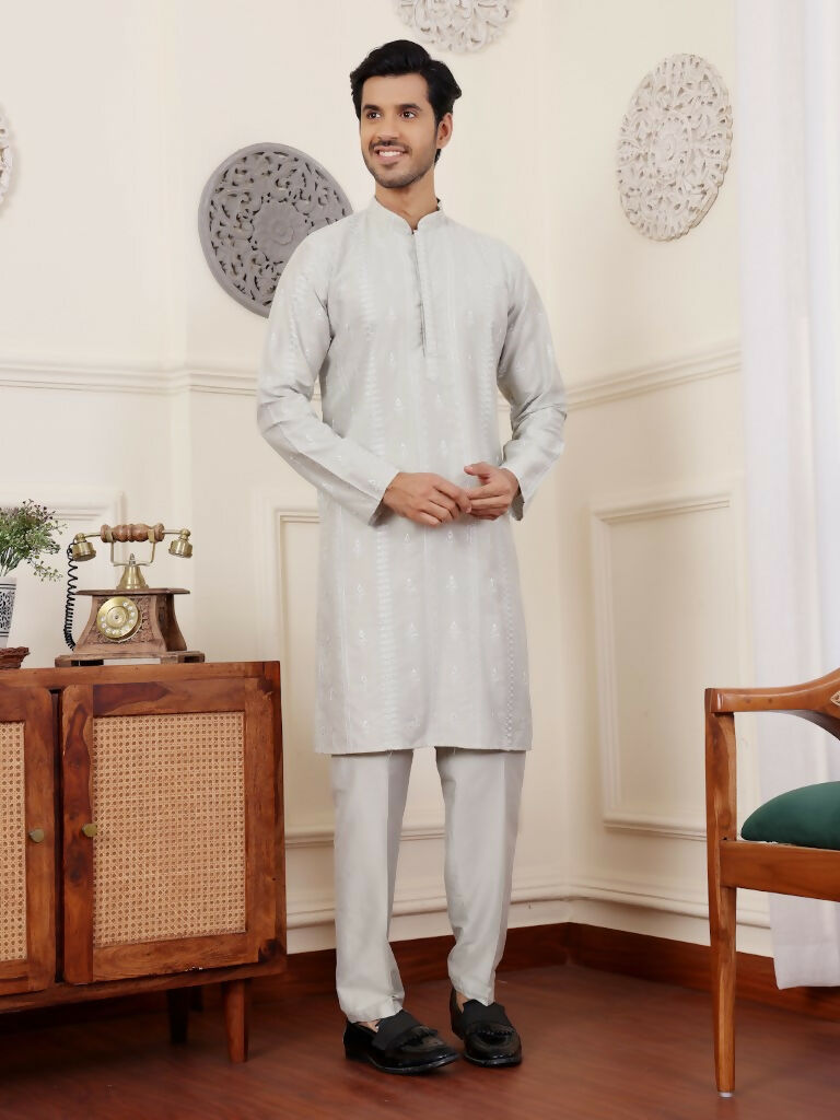 Light Green Silk Designer Embroidery Work Men's Rajwadi Kurta Set - Mahotsav | Grocsy