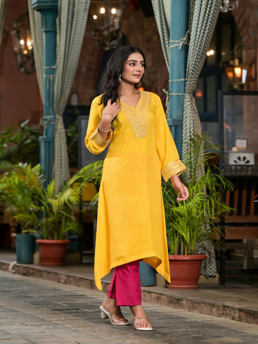 Juniper Women's Yellow Solid Viscose Kurta & Pant Set With Zari Work & Sequins | Grocsy