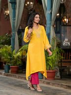 Juniper Women's Yellow Solid Viscose Kurta & Pant Set With Zari Work & Sequins | Grocsy