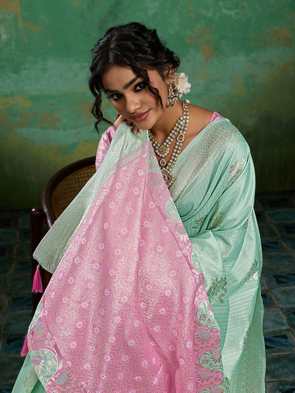 Shree Shyam Fashion Rama Green Linen Cotton Saree | Grocsy