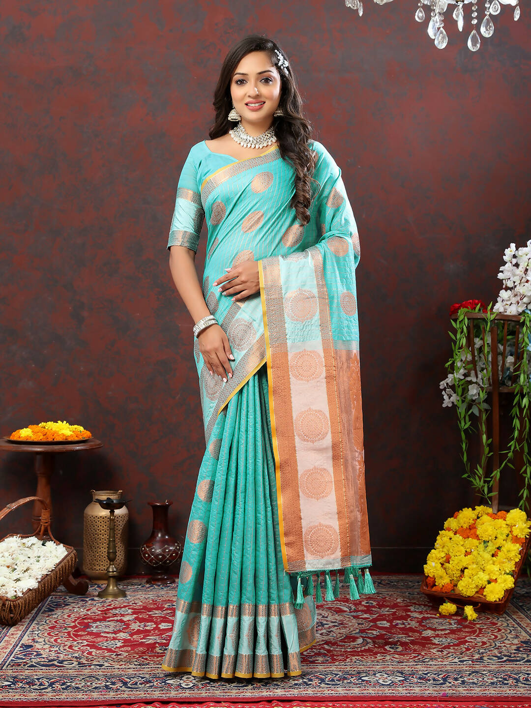Lorenvalley Fashion Skyblue Cotton with Woven Design Zari Weaving Saree | Grocsy