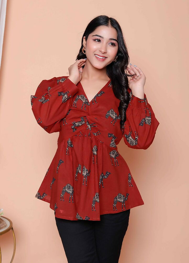 Miravan Womens Brown Animal Printed Balloon Sleeves V Neck Butterfly Top | Grocsy