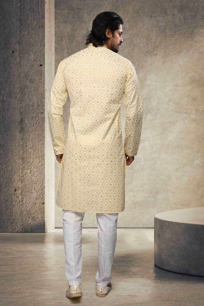 Raivat Ethnic Cotton Printed Work Kurta Pajama In Yellow Colour | Grocsy
