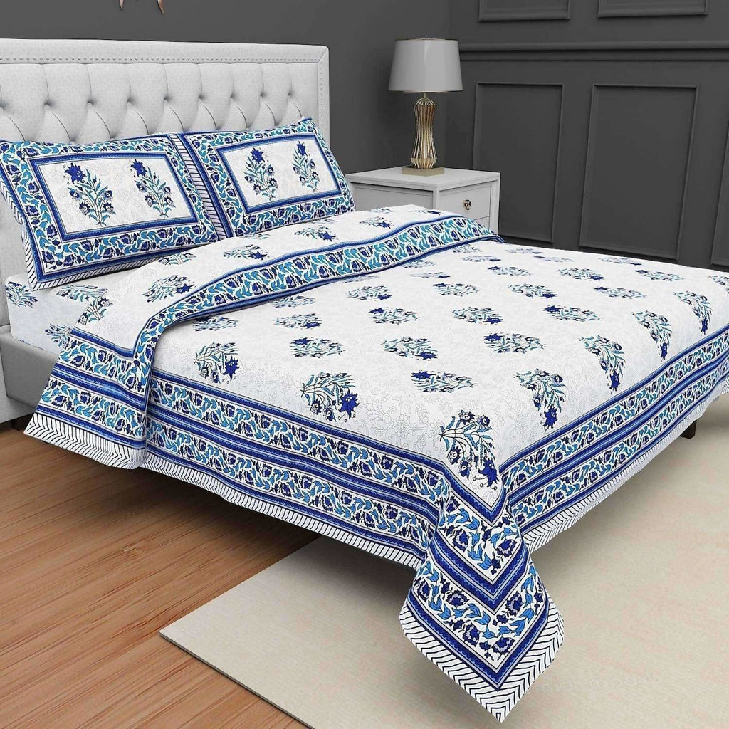 Jaipuri Hand Printed Floral 144TC Cotton DoubleQueen Bedsheet with 2 Pillow Covers | Grocsy