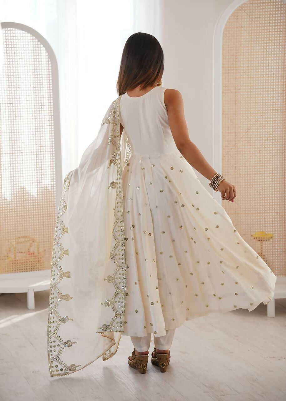 Teeya Creation White Color Roman Silk Embroidery Work Party Wear Gown | Grocsy
