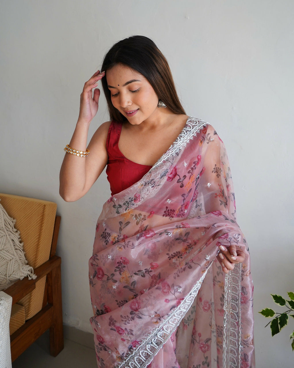 Vamsee Ferry Baby Pink Organza Saree | Grocsy
