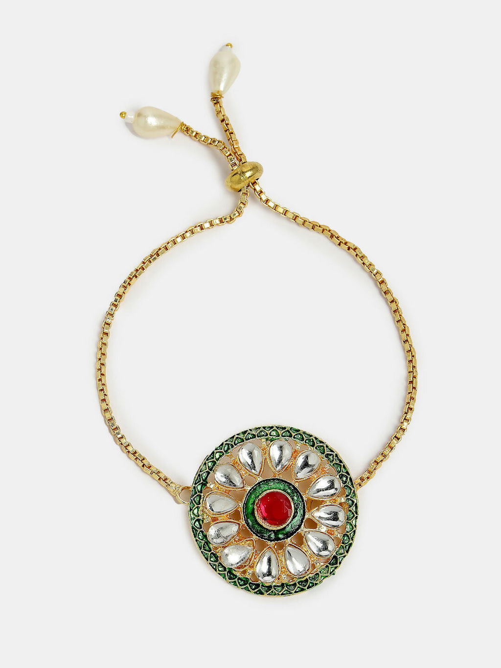 NVR Women & Men Set of 2 Gold Kundan-Studded Handcrafted Wraparound Rakhi Set With Roli Chawal & Chocolate | Grocsy