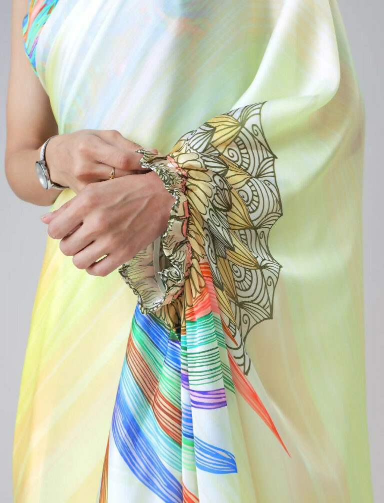 Vastranavya Ombre Yellow Multi-Color Leaves Mandalaa Print Freehand Ready to Wear Saree | Grocsy