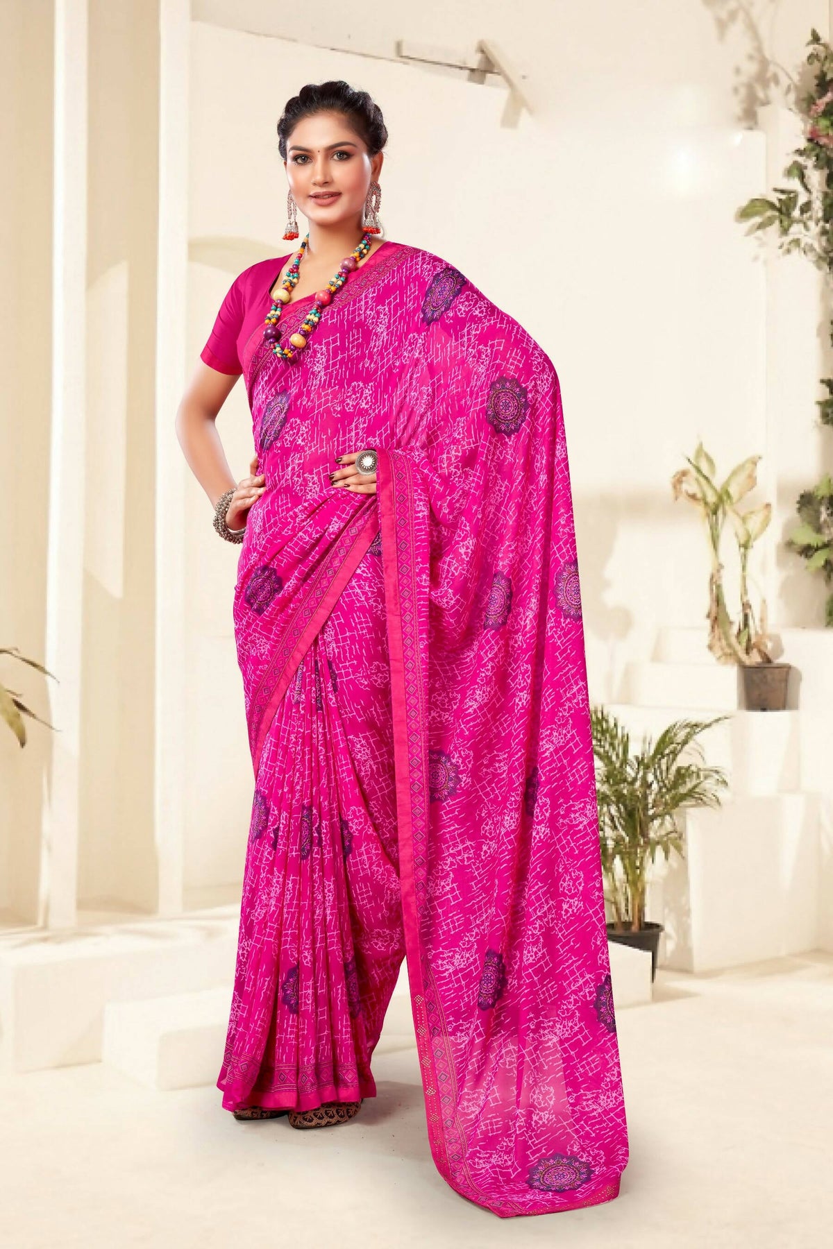 Purple Georgette Texture Printed Saree with Unstitched Blouse Piece - Akansha | Grocsy