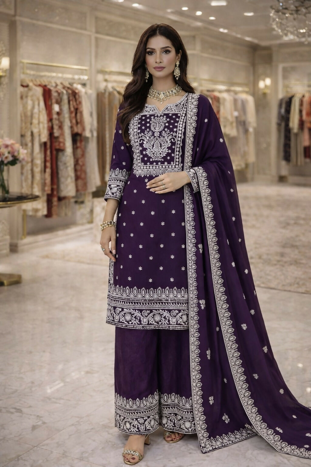 Teeya Creation Purple Fendi Silk Designer Heavy Work Wedding Wear Palazzo | Grocsy