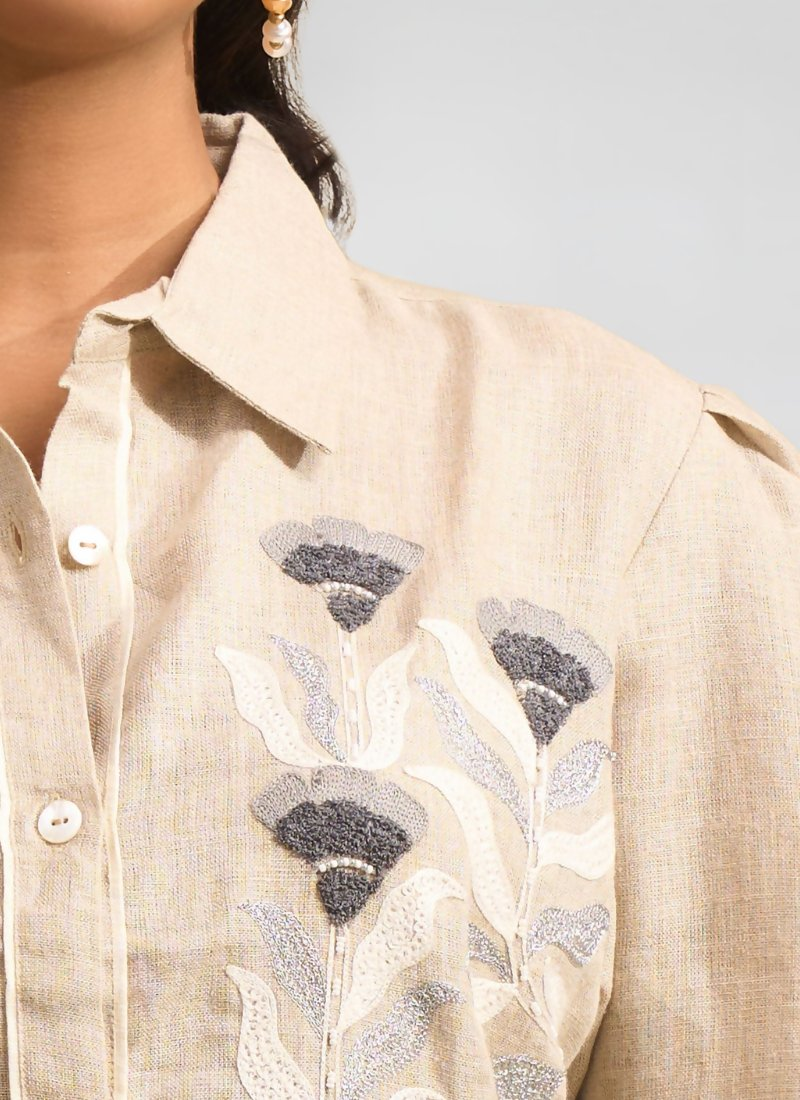 Joban Fashion Beige Linen Embroidered Readymade Cord Set | Grocsy