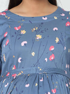 Manet Three Fourth Maternity Dress Floral Print With Concealed Zipper Nursing Access - Dark Grey | Grocsy
