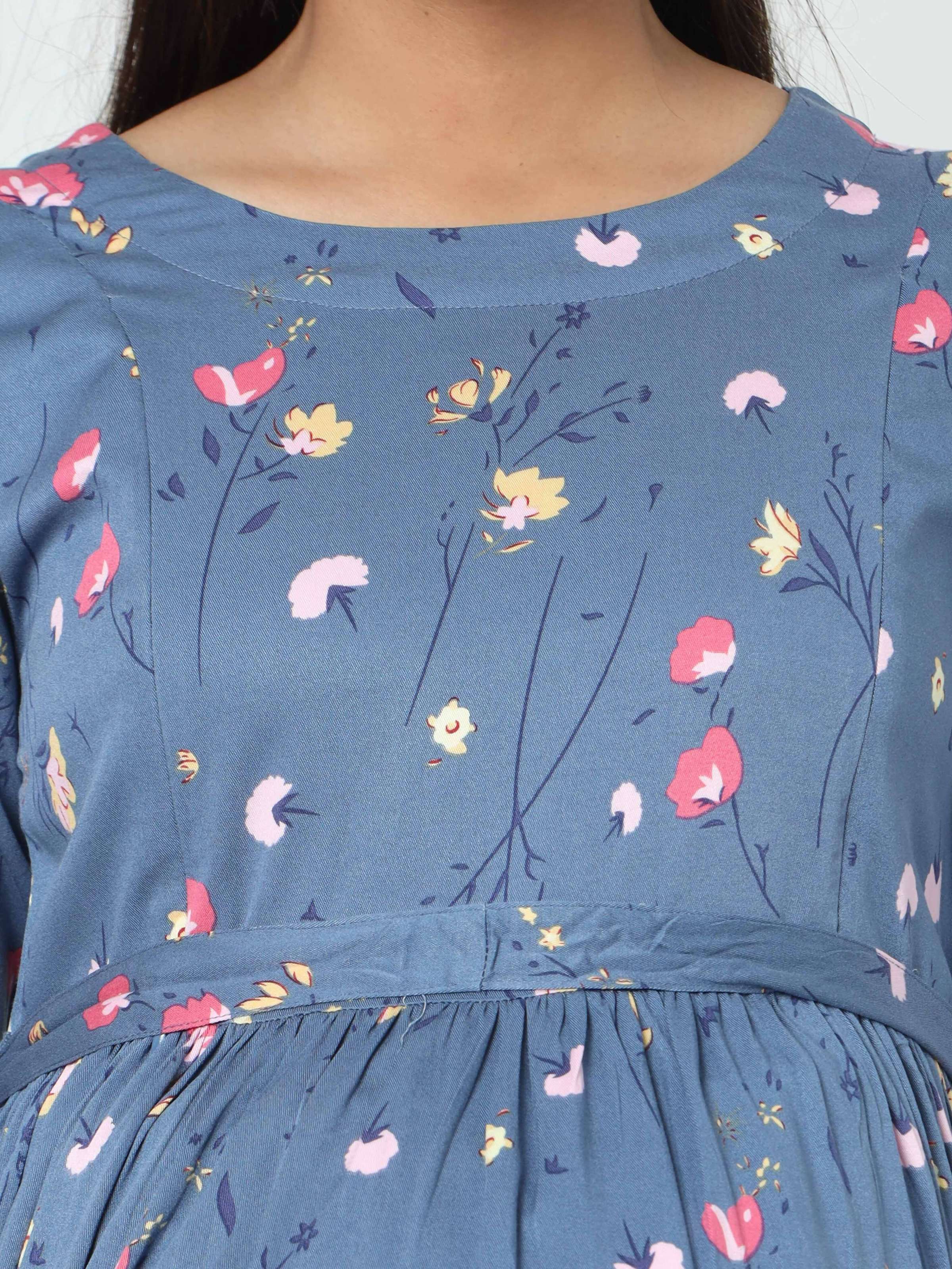 Manet Three Fourth Maternity Dress Floral Print With Concealed Zipper Nursing Access - Dark Grey | Grocsy