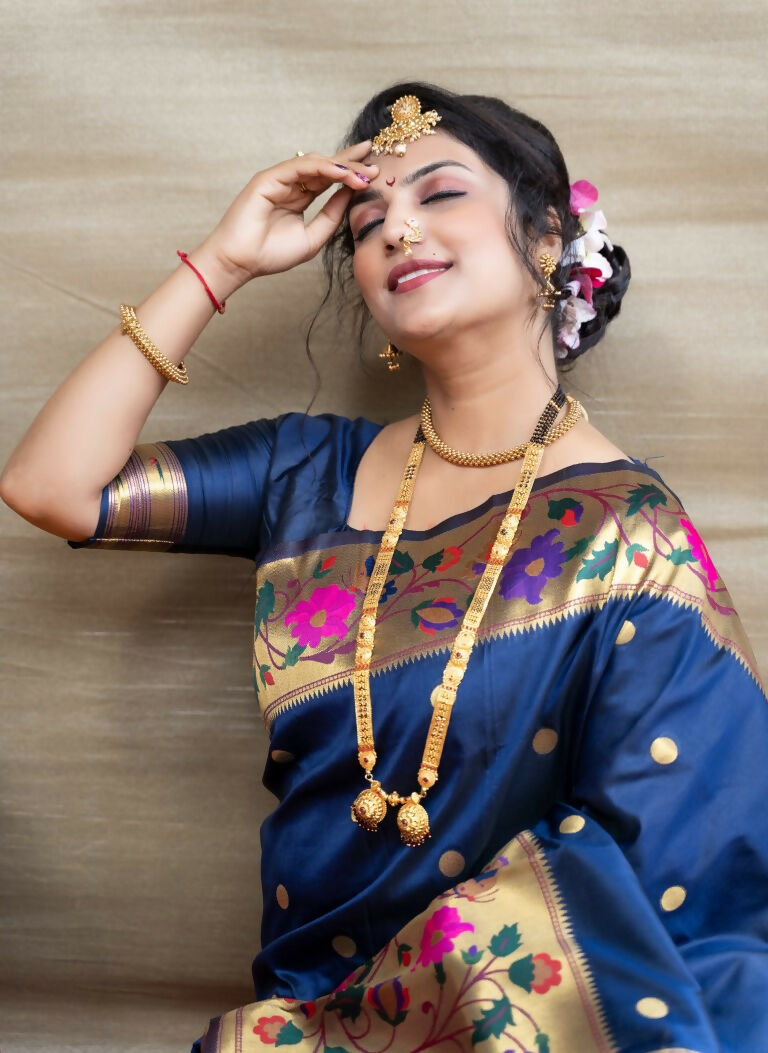 Jyoti Fashion Women's Navy Blue Paithani Silk Zari Woven Saree with Blouse | Grocsy