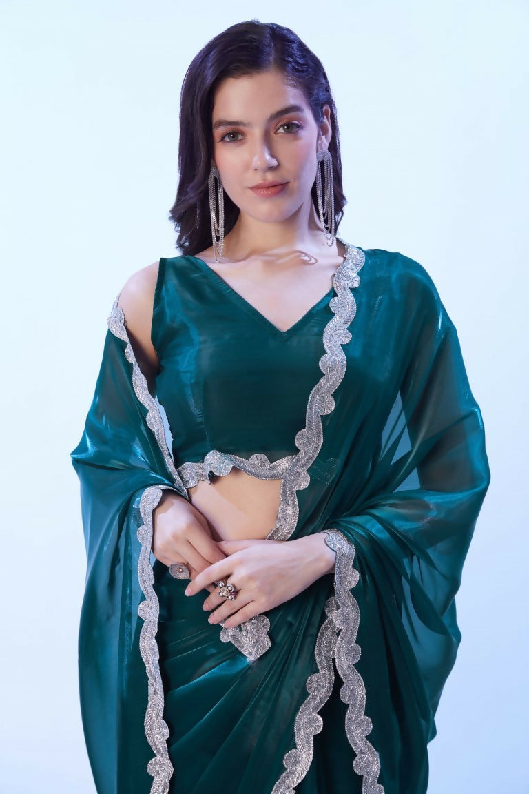 Teal Blue Satin Jimmy Choo Solid Designer & Lace Work Saree - Samaa | Grocsy