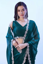 Teal Blue Satin Jimmy Choo Solid Designer & Lace Work Saree - Samaa | Grocsy