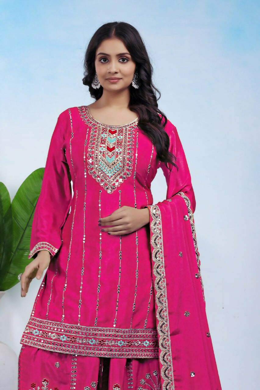 Teeya Creation Pink Color Chinon Silk Wedding Wear Trending Palazzo Set | Grocsy