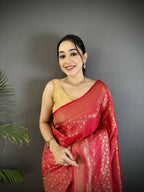 Joban Fashion Red Floral & Paisley Motifs Soft Satin Silk Banarasi Saree | Grocsy