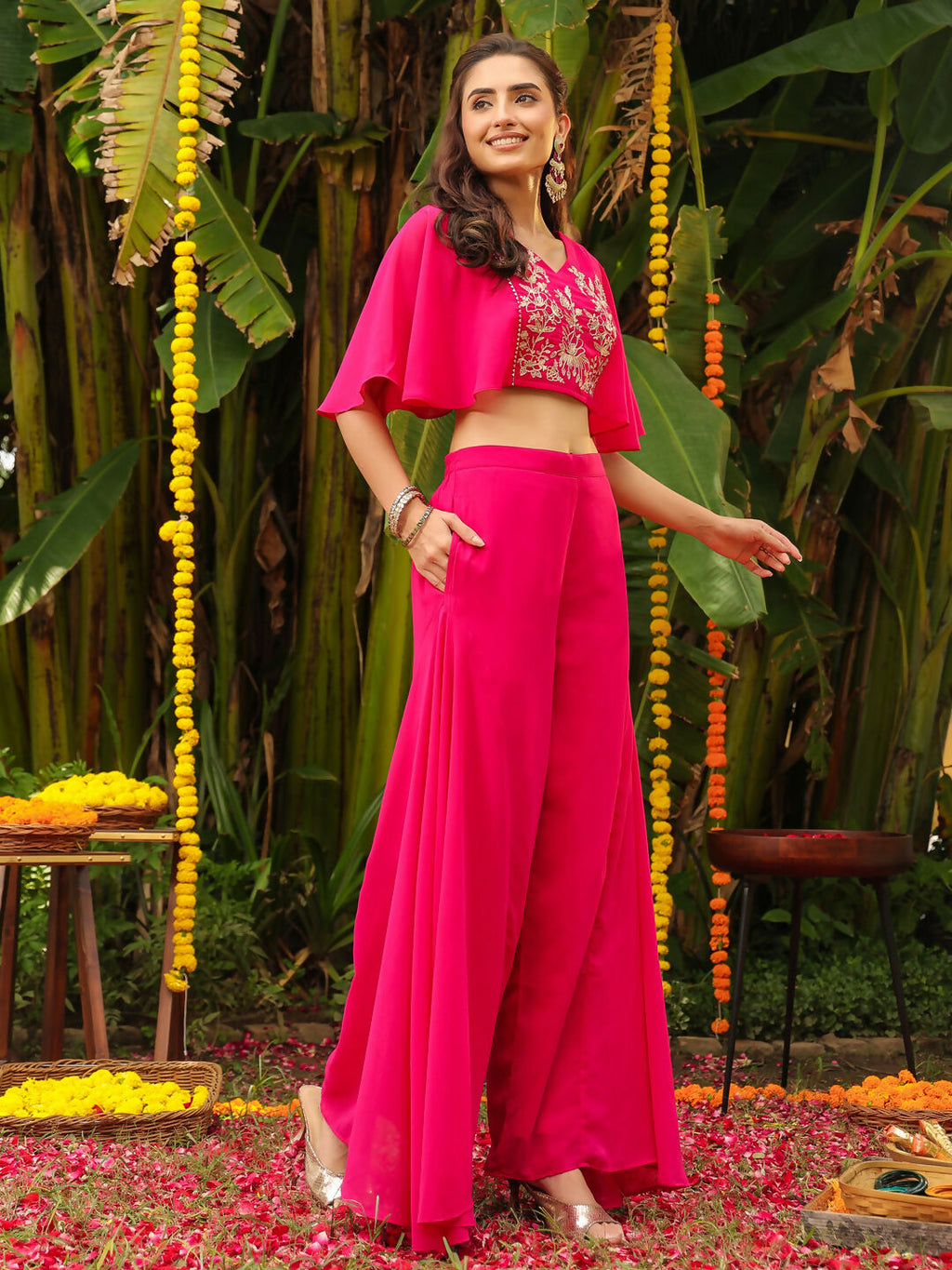 Janasya Pink Georgette Yoke Embroidery Co-Ords | Grocsy