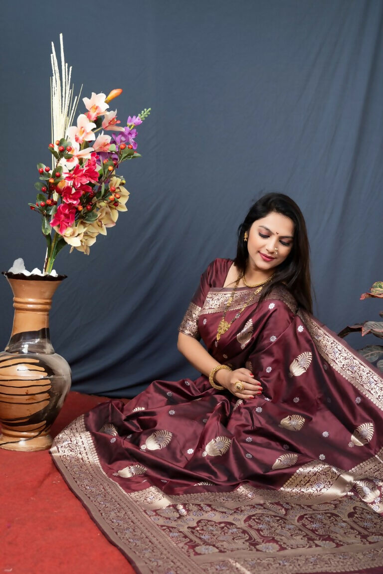Jyoti Fashion Women's Brown Paithani Silk Zari Woven Saree with Blouse | Grocsy