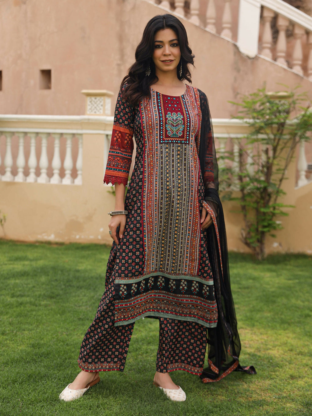 Juniper Women's Black Ethnic Motif Printed Rayon Kurta Palazzo And Dupatta With Mirror & Thread Work | Grocsy