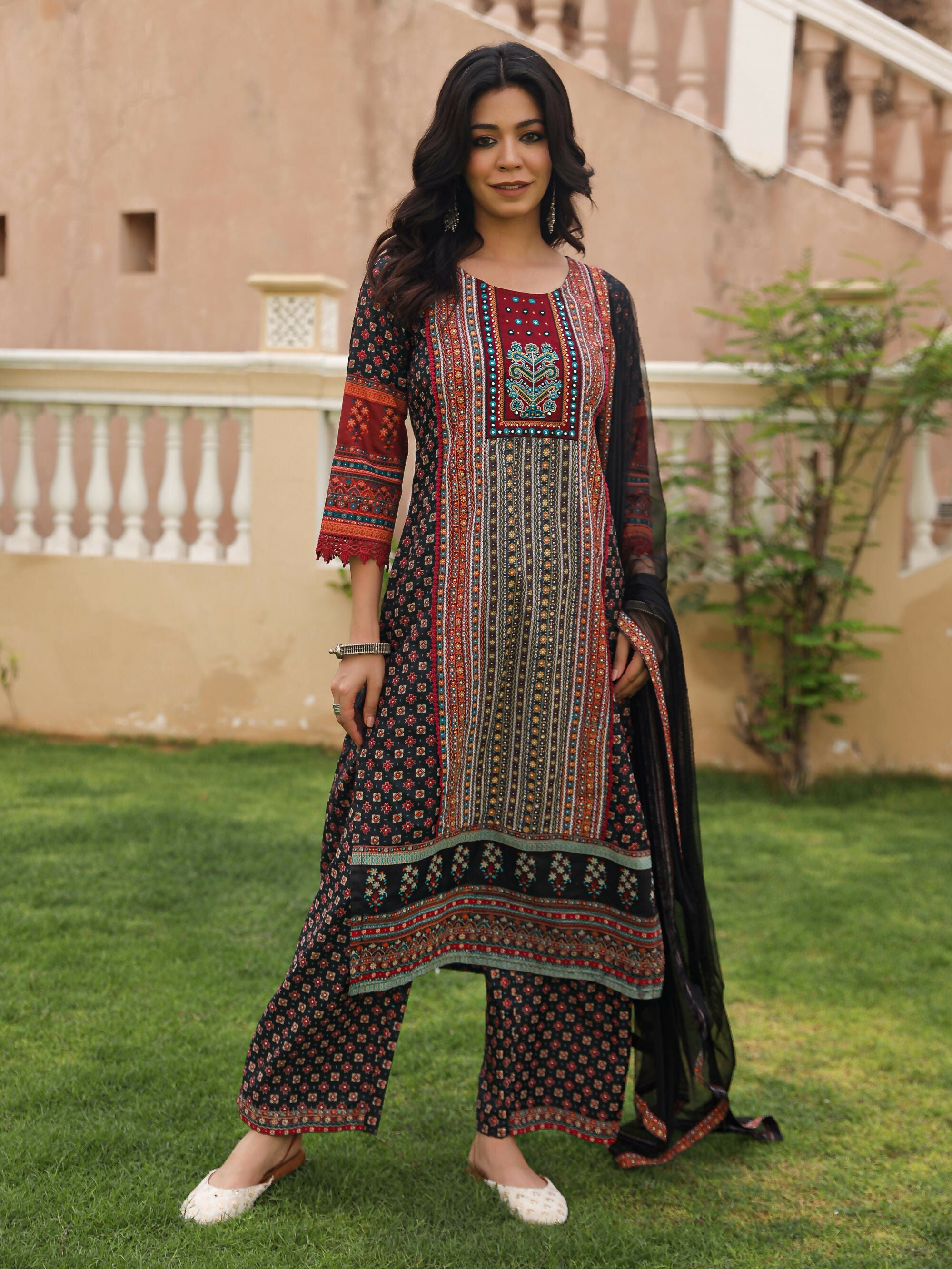 Juniper Women's Black Ethnic Motif Printed Rayon Kurta Palazzo And Dupatta With Mirror & Thread Work | Grocsy