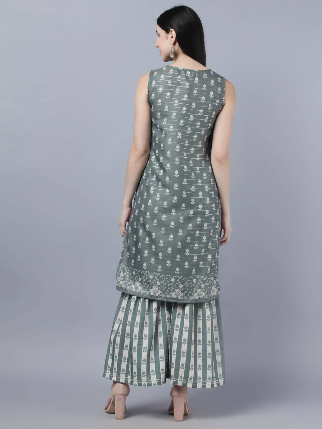 Myshka Women Grey Ethnic Motifs Printed Kurta with Shararas With Dupatta Set | Grocsy