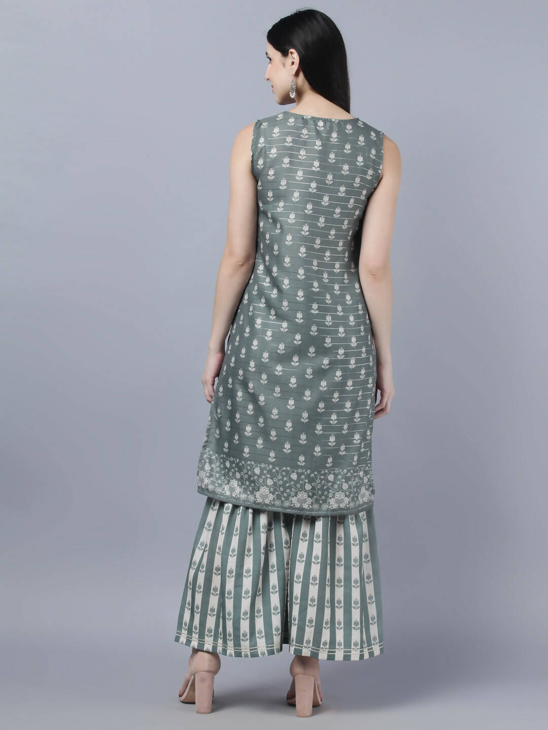 Myshka Women Grey Ethnic Motifs Printed Kurta with Shararas With Dupatta Set | Grocsy