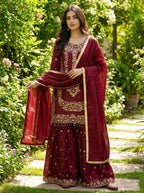 Teeya Creation Maroon Gimmy Silk Designer Embroidery Work Wedding Wear Palazzo Pair | Grocsy