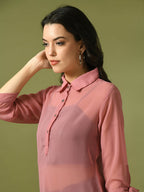 Myshka Women's Pink Solid Georgette Longline Party Sheer Tunic | Grocsy