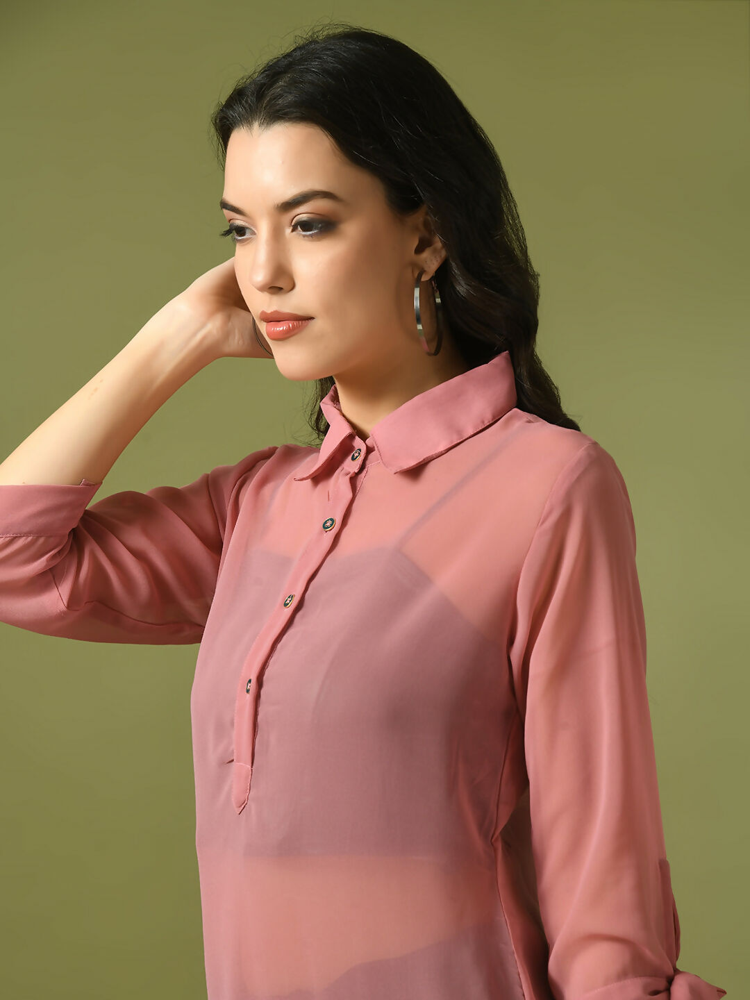 Myshka Women's Pink Solid Georgette Longline Party Sheer Tunic | Grocsy