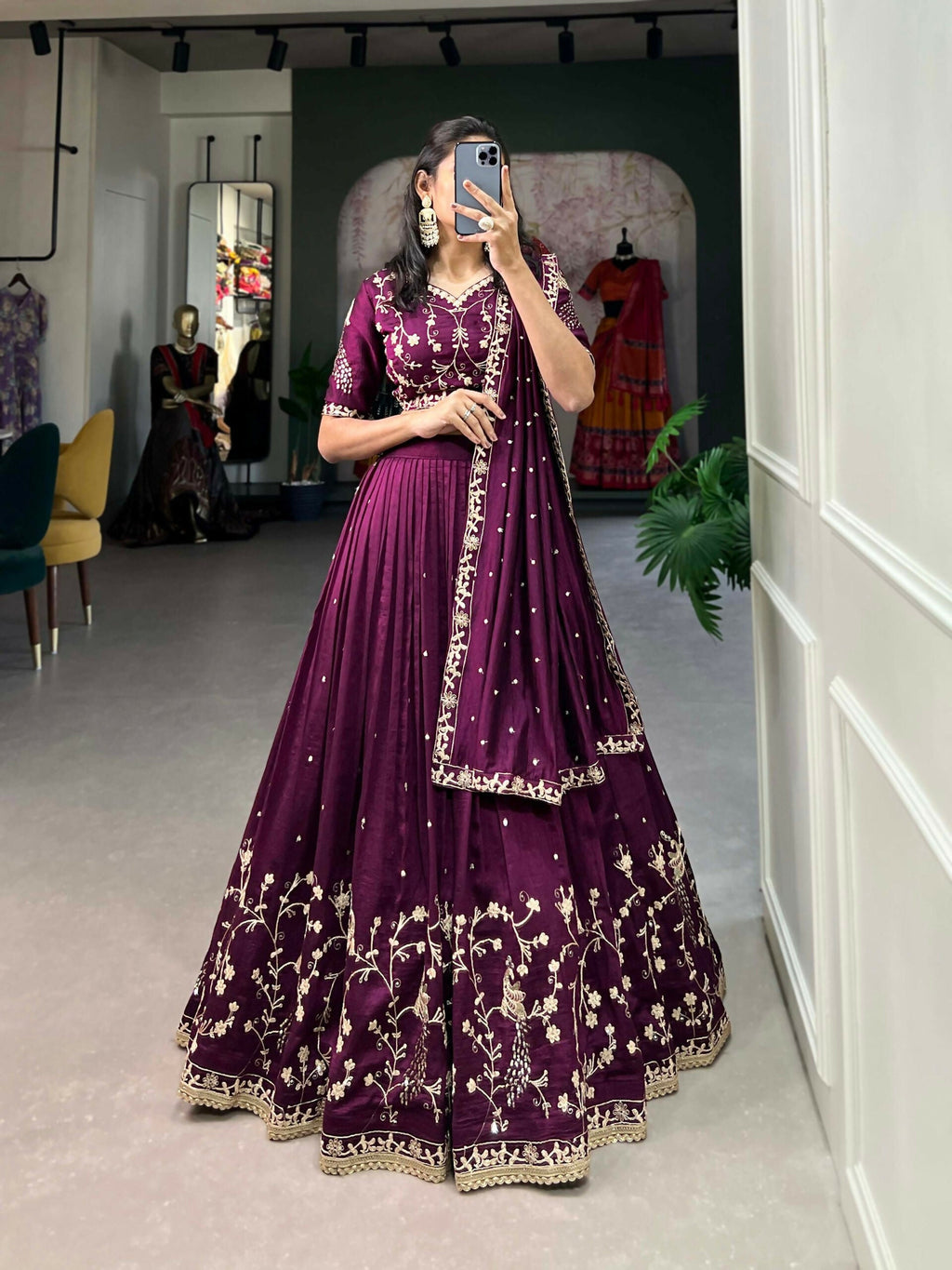 Vastranavya Vichitra Silk Sequins And Thread Embroidery Work Lehenga Choli - Wine | Grocsy