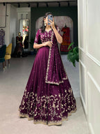Vastranavya Vichitra Silk Sequins And Thread Embroidery Work Lehenga Choli - Wine | Grocsy