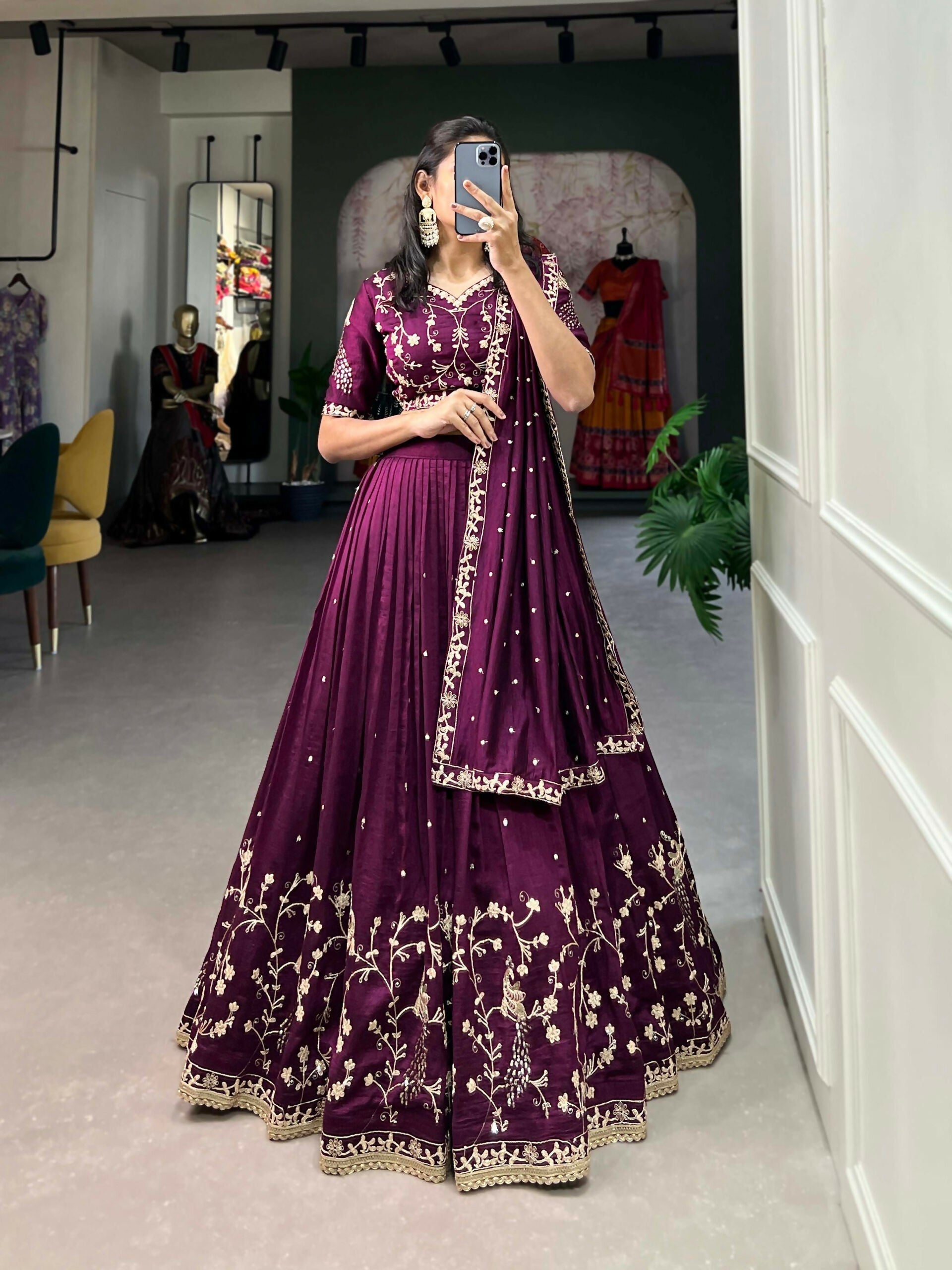 Vastranavya Vichitra Silk Sequins And Thread Embroidery Work Lehenga Choli - Wine | Grocsy
