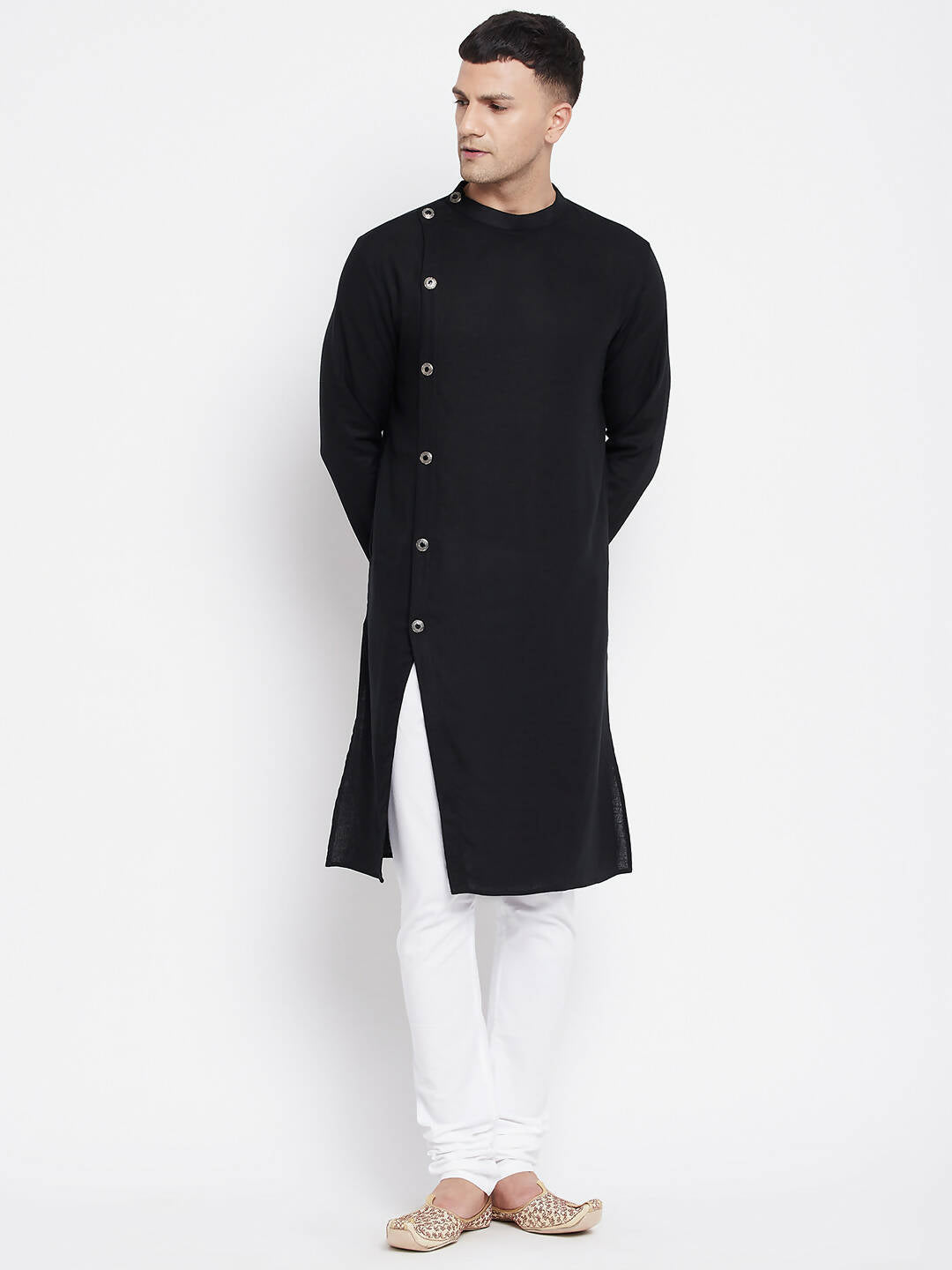Even Apparels Black Pure Cotton Men's Sherwani Kurta With Asymetrical Cut | Grocsy