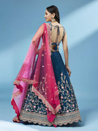 House of Panchhi Teal Net Semi stitched Coding and Mirror Work Lehenga Choli | Grocsy